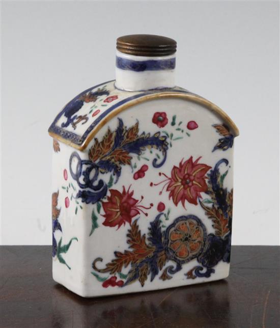 A Chinese famille rose pseudo tobacco leaf pattern tea caddy, Qianlong period, total height 12cm